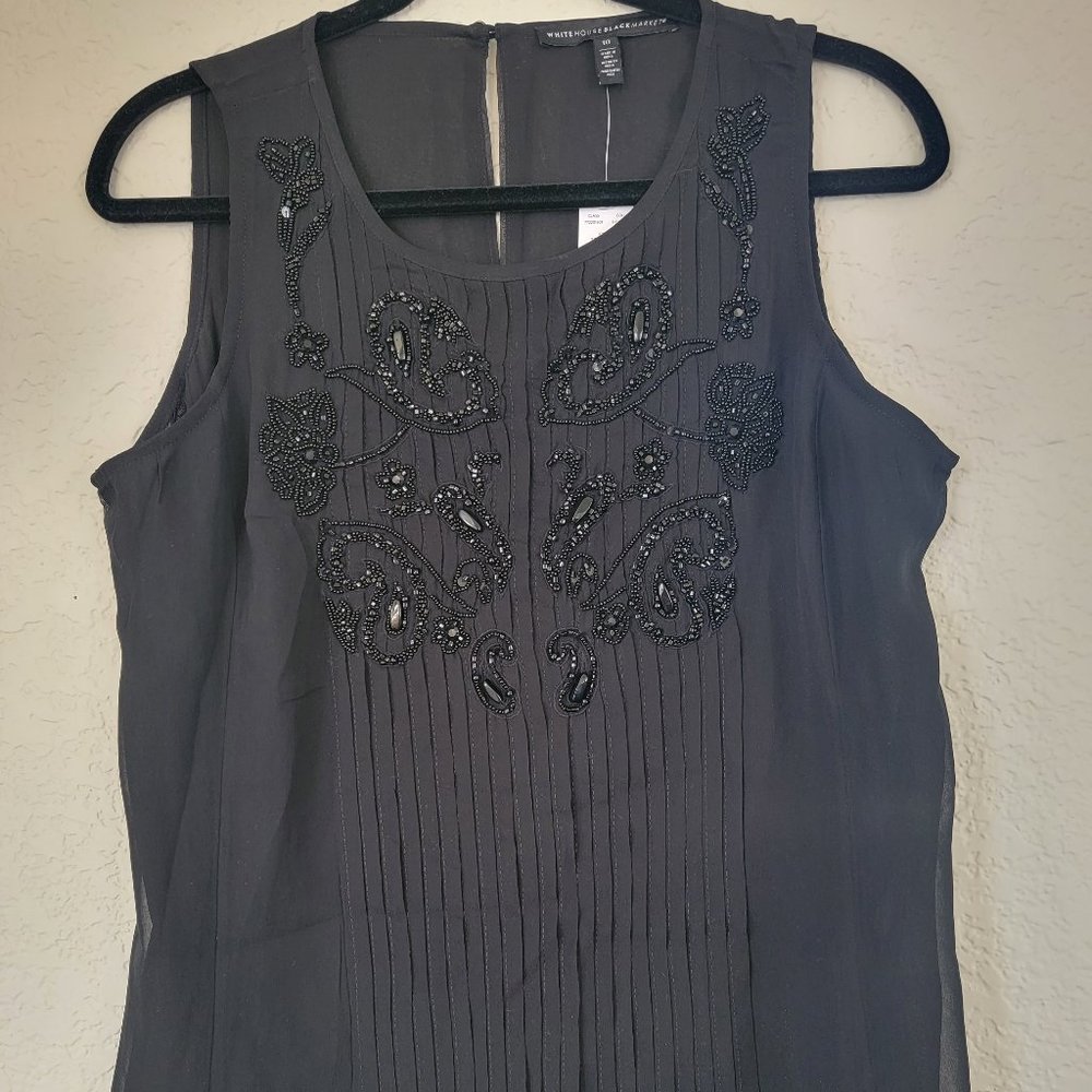 White House Black Market WHBM Black Pleated Sequin and Bead Sleeveless Shell